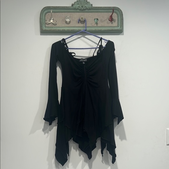 Current Mood Black Asymmetrical handkerchief hem Ruched Mini Dress large new - Picture 1 of 8